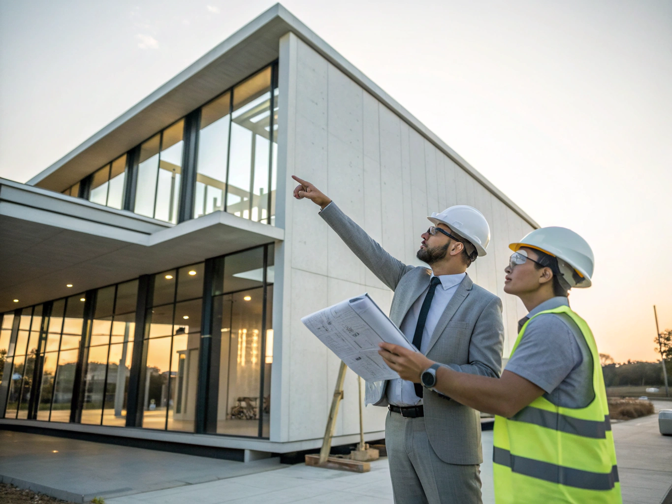 Deutsche Bauleitung im persönlichen Gespräch mit Bauherren über Ausführungspläne