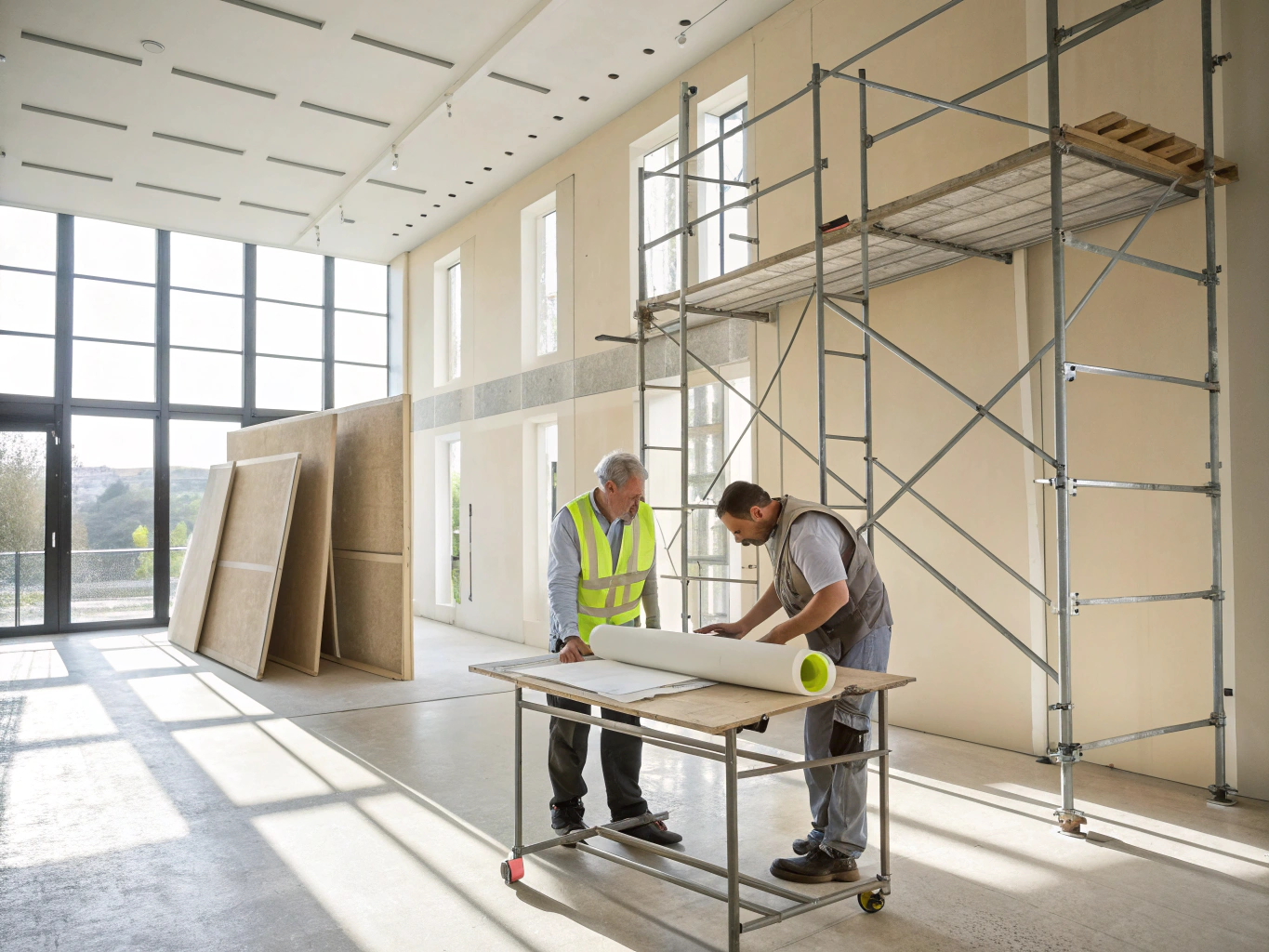 Organisierte Baustelle mit hochwertigem Innenausbau und Tageslicht